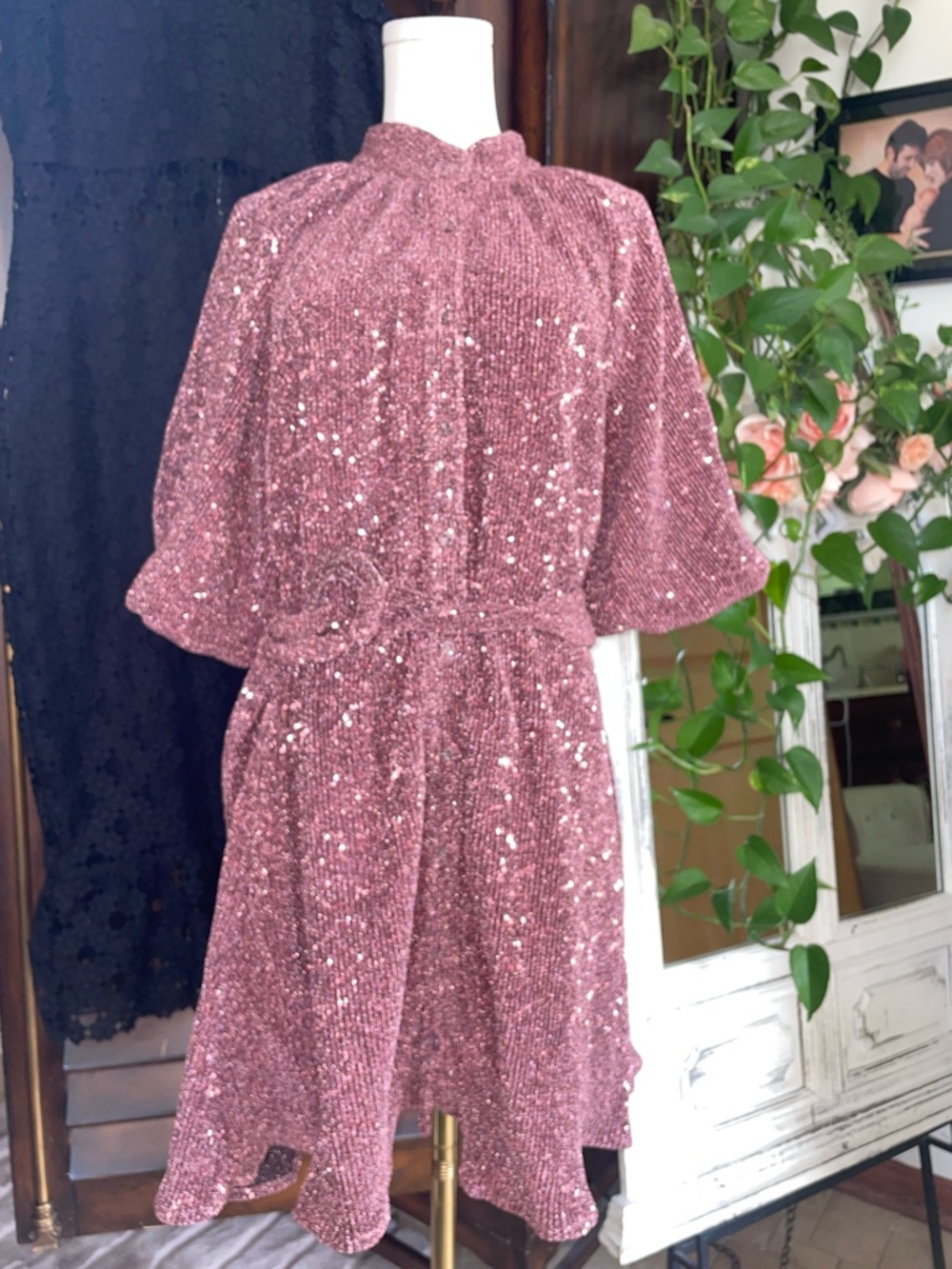 CIEBON Metallic Knit Nordstrom Sparkling Rose Pink Sequin Dress Medium Current - Picture 4 of 13